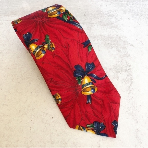 Lands’ End Red Holiday Bells Silk Tie - Picture 1 of 3
